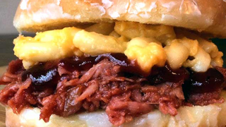 Hey you, pulled pork mac & cheese on a glazed doughnut—in my mouth, now!